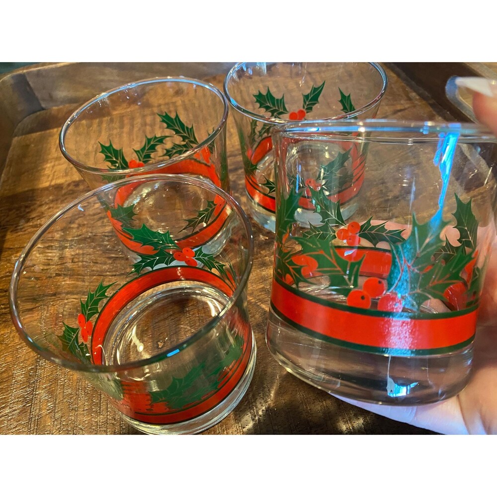 Set of 4 Libbey Holly and Berries Christmas Rocks Mai Tai Glasses